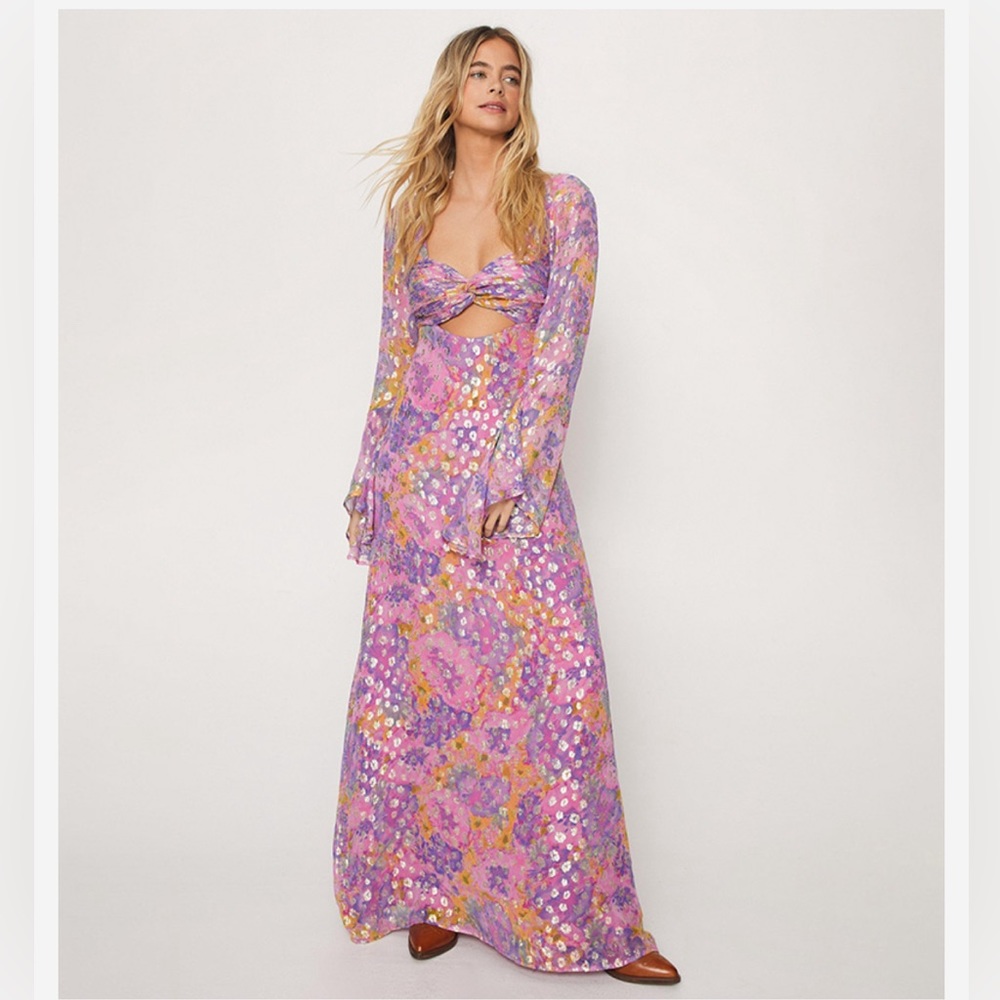 Nasty Gal Floral Metallic Ruched Bust Maxi Dress. Size XS.